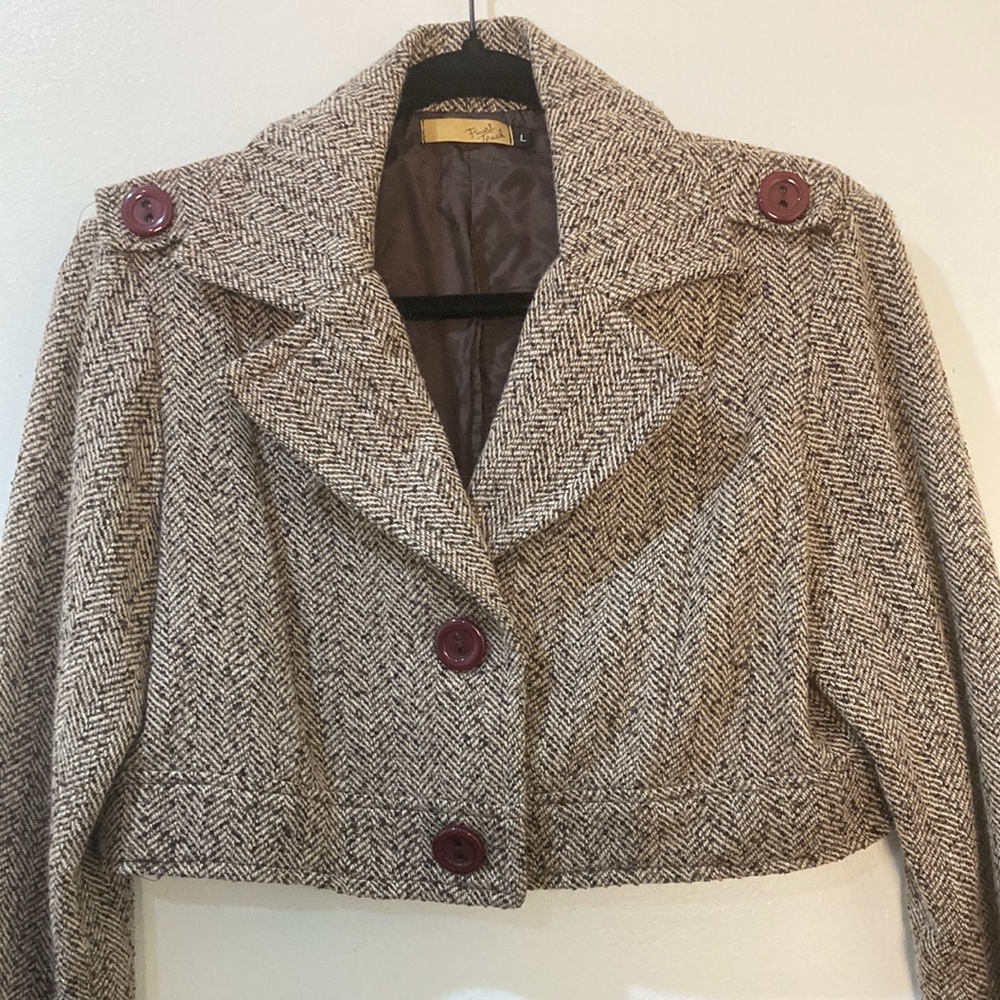 Final Touch Herringbone Cropped Blazer - Cream and Brown